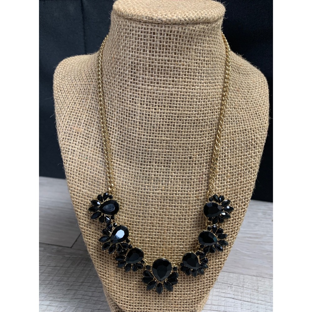 Black Gold Tone Statement Bib Necklace Faux Onyx Teardrop Crystal Collar‎ 16in